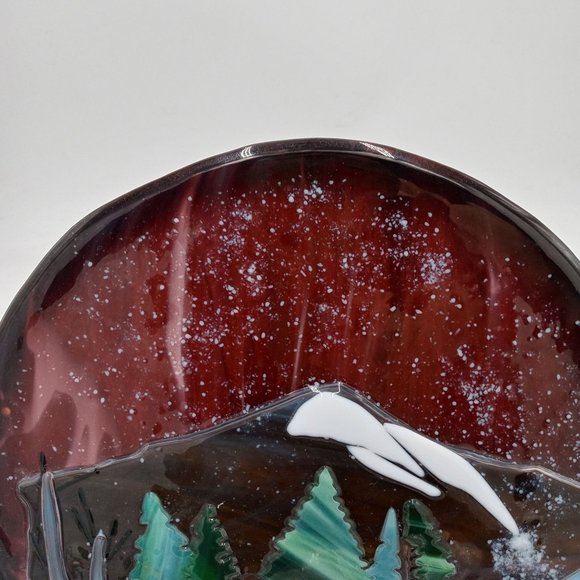Mountain Landscape Fused Glass Art Winter Snow Tree Forest OOAK Round Plaque - Picture 7 of 11